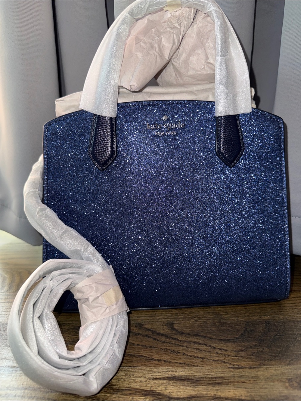 kate spade $329 navy glitter satchel NWT